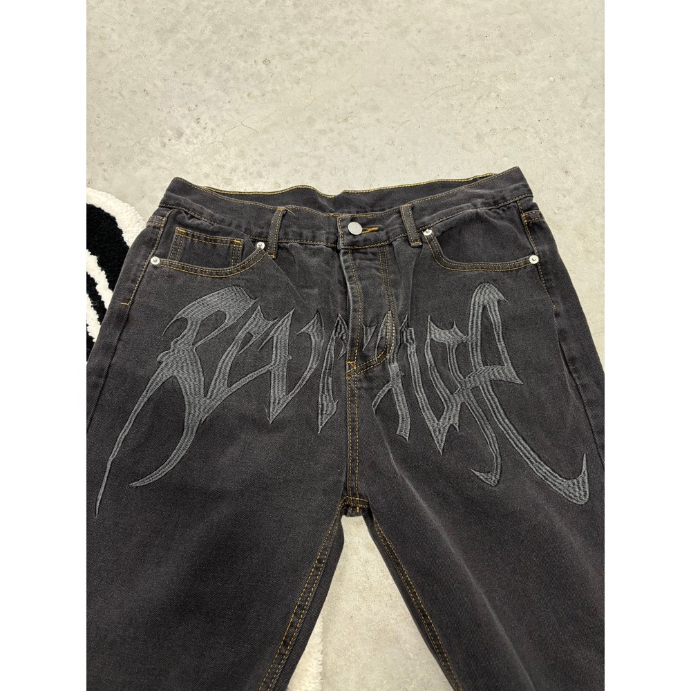 Revenge Baggy Embroidered Logo Denim Jeans Washed Black XL 34x28 Streetwear - Picture 3 of 9